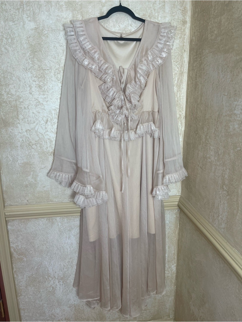 CeliaB Bliss Ruffle Detail Midi Dress Beige Elegant Cottagecore Romantic XL - Picture 7 of 17